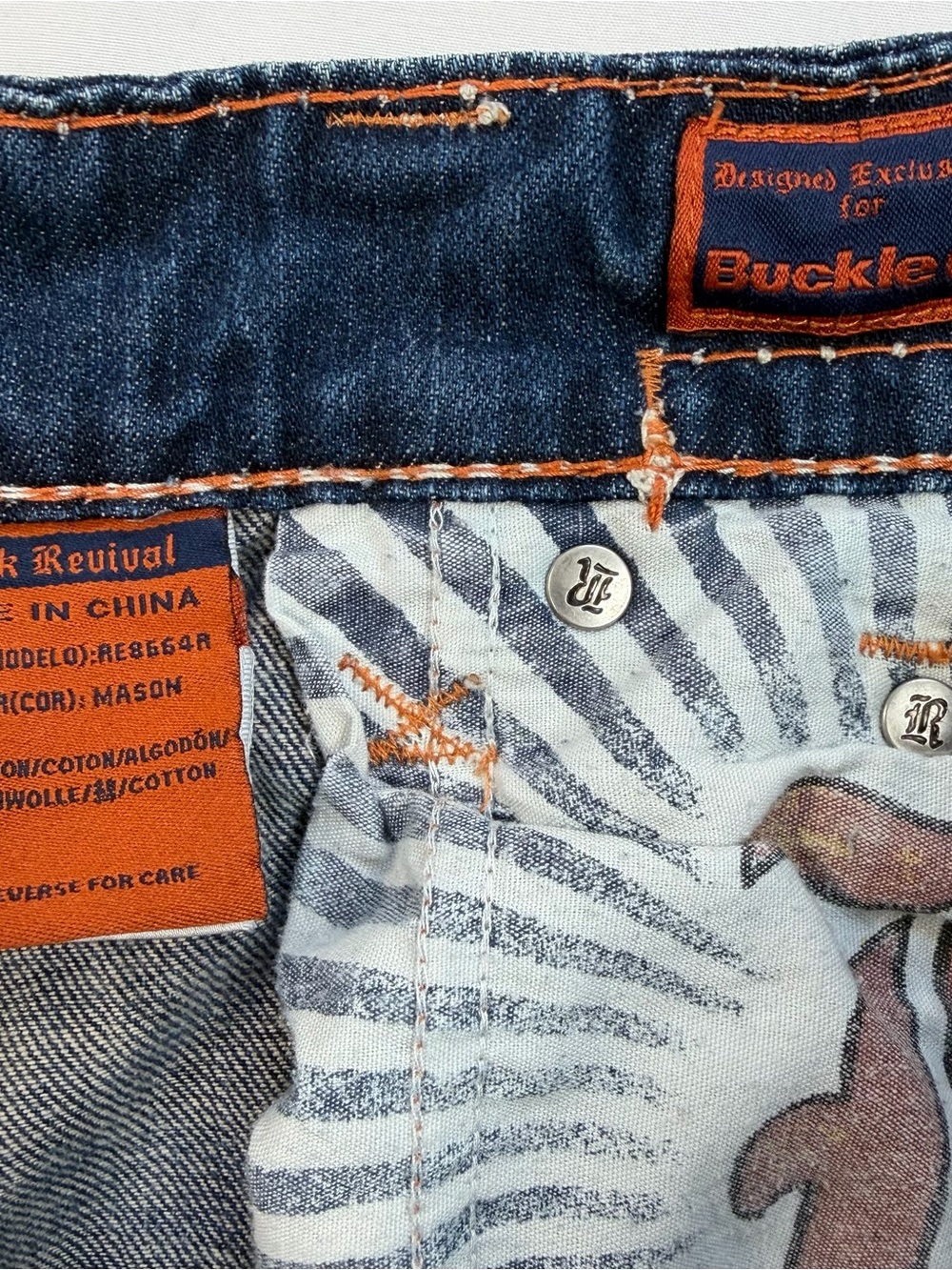 Rock Revival Mason Jeans Sz 33 Blue Distressed Bootcut Denim Y2K Grunge Festival - Picture 11 of 13